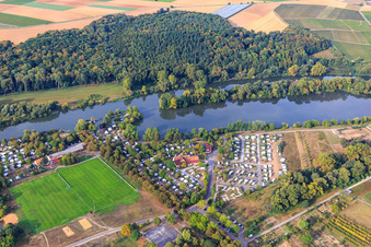 Aerial view of Camping Katzenkopf am Main in Sommerach in the state Bavaria, Germany