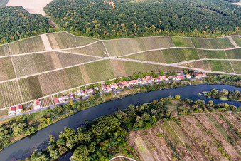 Aerial view of Village on the river bank areas of the Main river in Koehler in the state Bavaria, Germany