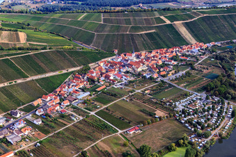 Wine-growing village on the Main from the southeast in the district Escherndorf in Volkach in the state Bavaria, Germany