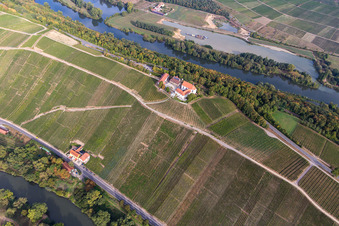 Aerial view of Vogelsburg and Mariä Schutz in the district Escherndorf in Volkach in the state Bavaria, Germany