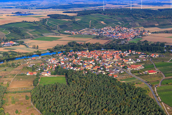 Village view on the Main from the east in the district Fahr in Volkach in the state Bavaria, Germany