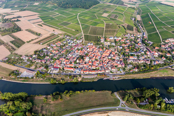 Aerial view of City view on the river bank of the Main river in Obereisenheim in the state Bavaria, Germany