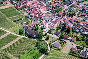 Protest. Church in the district Rechtenbach in Schweigen-Rechtenbach in the state Rhineland-Palatinate, Germany seen from above