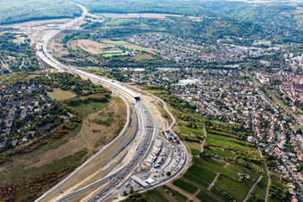 Aerial photograpy of New construction of the route in the course of the motorway tunnel construction of the BAB A 3 in the district Heidingsfeld in Wuerzburg in the state Bavaria, Germany