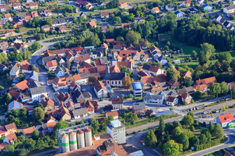 Town center with St. Charles Borromeo Church and Evangelical Church Rosenberg in Rosenberg in the state Baden-Wuerttemberg, Germany
