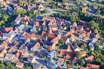 Aerial view of Town center with St. Charles Borromeo Church and Evangelical Church Rosenberg in Rosenberg in the state Baden-Wuerttemberg, Germany