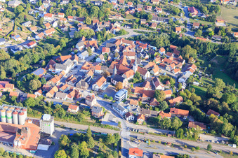 Aerial photograpy of Town center with St. Charles Borromeo Church and Evangelical Church Rosenberg in Rosenberg in the state Baden-Wuerttemberg, Germany