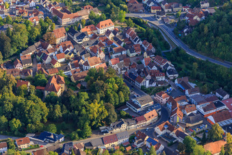 Aerial view of Schloßgasse and Marktstr in Adelsheim in the state Baden-Wuerttemberg, Germany