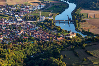 Village on the river bank areas of the river Neckar in Gundelsheim in the state Baden-Wurttemberg, Germany