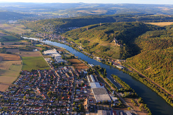 Aerial photograpy of Hornberg Castle with wedding chapel above the vineyards on the Neckar in Neckarzimmern in the state Baden-Wuerttemberg, Germany