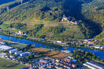 Hornberg Castle with wedding chapel above the vineyards on the Neckar in Neckarzimmern in the state Baden-Wuerttemberg, Germany out of the air