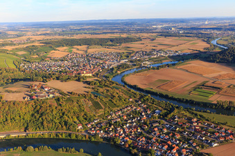 Aerial view of Village view in a bend of the Neckar near Haßmersheim in the district Böttingen in Gundelsheim in the state Baden-Wuerttemberg, Germany