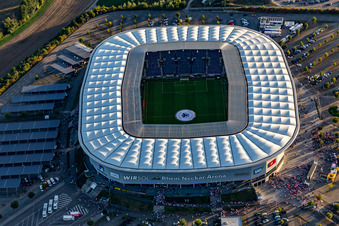 Aerial view of Sports facility grounds of the Arena stadium WIRSOL Rhein-Neckar-Arena an der Dietmar-Hopp-Strasse in Sinsheim in the state Baden-Wurttemberg