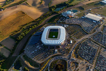 Aerial photograpy of WIRSOL Rhein-Neckar-Arena before the sold-out friendly match Peru-Germany in the district Steinsfurt in Sinsheim in the state Baden-Wuerttemberg, Germany