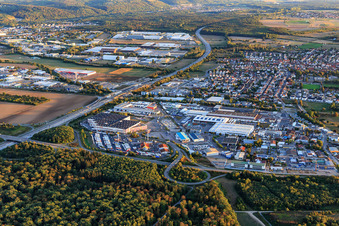 Industrial estate Im Ochsenstall at the exit of the B35 from the A5 with customs office Bruchsal and Simon Hegele Automotive Solutions GmbH in the district Karlsdorf in Karlsdorf-Neuthard in the state Baden-Wuerttemberg, Germany
