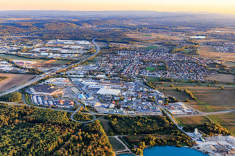 Aerial view of Industrial estate Im Ochsenstall at the exit of the B35 from the A5 with customs office Bruchsal and Simon Hegele Automotive Solutions GmbH in the district Karlsdorf in Karlsdorf-Neuthard in the state Baden-Wuerttemberg, Germany