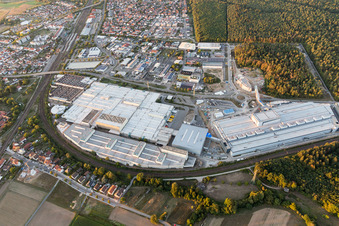 Extension - new building - construction site on the factory premises of SEW-EURODRIVE GmbH & Co KG in Graben-Neudorf in the state Baden-Wurttemberg, Germany seen from a drone