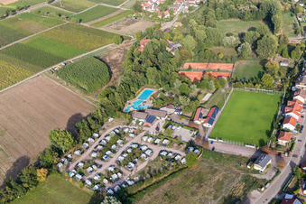 Aerial photograpy of Outdoor pool and campsite in Klingbachtal in the district Klingen in Heuchelheim-Klingen in the state Rhineland-Palatinate, Germany