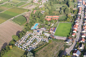 Oblique view of Outdoor pool and campsite in Klingbachtal in the district Klingen in Heuchelheim-Klingen in the state Rhineland-Palatinate, Germany