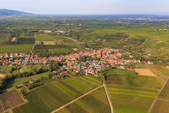 Village view between vineyards from the southwest in Göcklingen in the state Rhineland-Palatinate, Germany