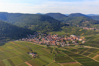 View of the winegrowing village between vineyards from the southeast in Eschbach in the state Rhineland-Palatinate, Germany