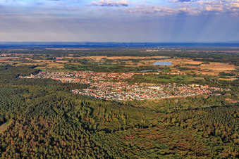 Aerial view of View of the town beyond the Bienwald from the west in Jockgrim in the state Rhineland-Palatinate, Germany
