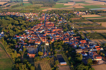 Church and main street from the west in Winden in the state Rhineland-Palatinate, Germany