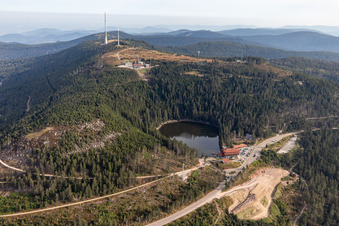 Aerial view of Rocky and mountainous landscape Hornisgrinde over Mummelsee in Seebach in the state Baden-Wurttemberg, Germany