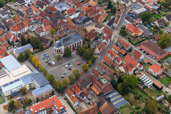 Aerial view of St. George's Church - Protestant Parish Kandel on the Market Square in Kandel in the state Rhineland-Palatinate, Germany