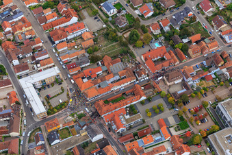 Drone image of Demo "Women's Alliance Kandel" vs. "AntiFa/We are Kandel/Grandmas against the right in Kandel in the state Rhineland-Palatinate, Germany
