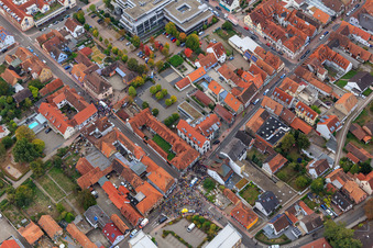 Aerial photograpy of Demo "Women's Alliance Kandel" vs. "AntiFa/We are Kandel/Grandmas against the right in Kandel in the state Rhineland-Palatinate, Germany