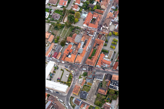 Aerial photograpy of Participant of a political protest demonstration "Frauenbuendnis Kandel" vs. "AntiFa/Wir sind Kandel/Omas gegen rechts" in Kandel in the state Rhineland-Palatinate, Germany