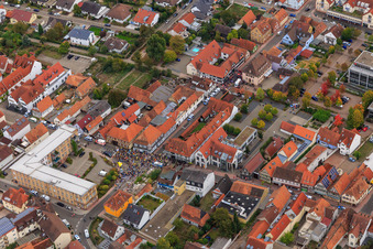 Drone image of Demo "Women's Alliance Kandel" vs. "AntiFa/We are Kandel/Grandmas against the right in Kandel in the state Rhineland-Palatinate, Germany