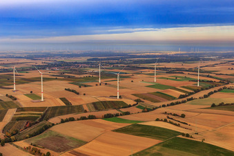 Oblique view of EnBW wind farm - wind turbine with 6 wind turbines in Freckenfeld in the state Rhineland-Palatinate, Germany