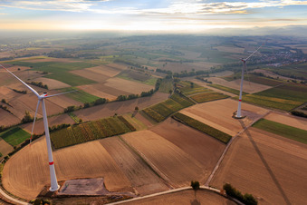 EnBW wind farm - wind turbine with 6 wind turbines in Freckenfeld in the state Rhineland-Palatinate, Germany seen from above