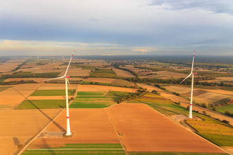 Bird's eye view of EnBW wind farm - wind turbine with 6 wind turbines in Freckenfeld in the state Rhineland-Palatinate, Germany