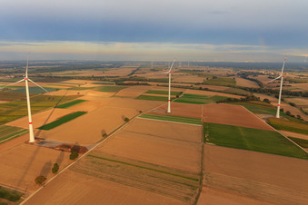 Drone recording of EnBW wind farm - wind turbine with 6 wind turbines in Freckenfeld in the state Rhineland-Palatinate, Germany