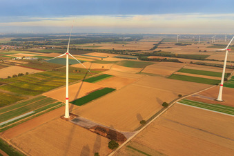 Drone image of EnBW wind farm - wind turbine with 6 wind turbines in Freckenfeld in the state Rhineland-Palatinate, Germany
