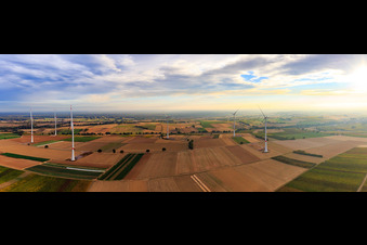 EnBW wind farm - wind turbine with 6 wind turbines in Freckenfeld in the state Rhineland-Palatinate, Germany from a drone