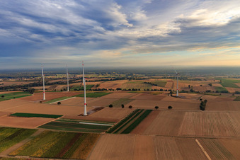 EnBW wind farm - wind turbine with 6 wind turbines in Freckenfeld in the state Rhineland-Palatinate, Germany seen from a drone