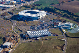 Aerial view of WIRSOL Rhein-Neckar-Arena in the district Steinsfurt in Sinsheim in the state Baden-Wuerttemberg, Germany