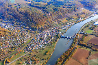 Aerial view of View of the Neckar barrage and lock from the northwest in Neckarzimmern in the state Baden-Wuerttemberg, Germany