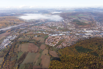 Aerial view of Neckarelz in Mosbach in the state Baden-Wuerttemberg, Germany