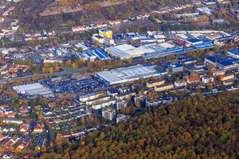 Industrial estate on both sides of the B27 with SWM Maschinen GmbH and Kaufland Mosbach in Mosbach in the state Baden-Wuerttemberg, Germany