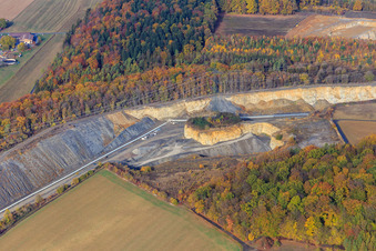 Aerial view of Quarry of Hohenlohe-Bauland GmbH SHB Schotterwerke in the district Eberstadt in Buchen in the state Baden-Wuerttemberg, Germany