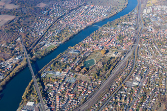 Aerial view of Railway River - bridge construction crossing the Main river in Veitshoechheim in the state Bavaria, Germany