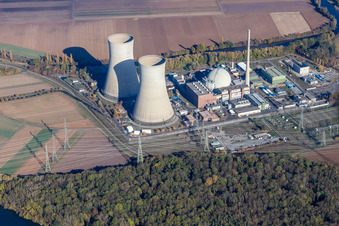 Aerial view of Building remains of the reactor units and facilities of the NPP nuclear power plant Grafenrheinfeld KKG in Grafenrheinfeld in the state Bavaria, Germany