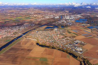 View of the town on the banks of the Main from the south in Grafenrheinfeld in the state Bavaria, Germany