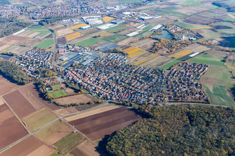 Village view on the edge of agricultural fields and land in Roethlein in the state Bavaria, Germany