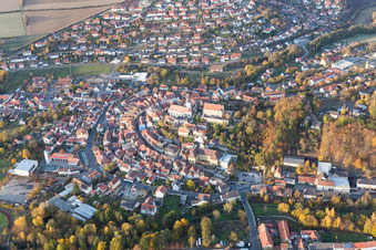 Aerial view of Town View of the streets and houses of the residential areas in Arnstein in the state Bavaria, Germany